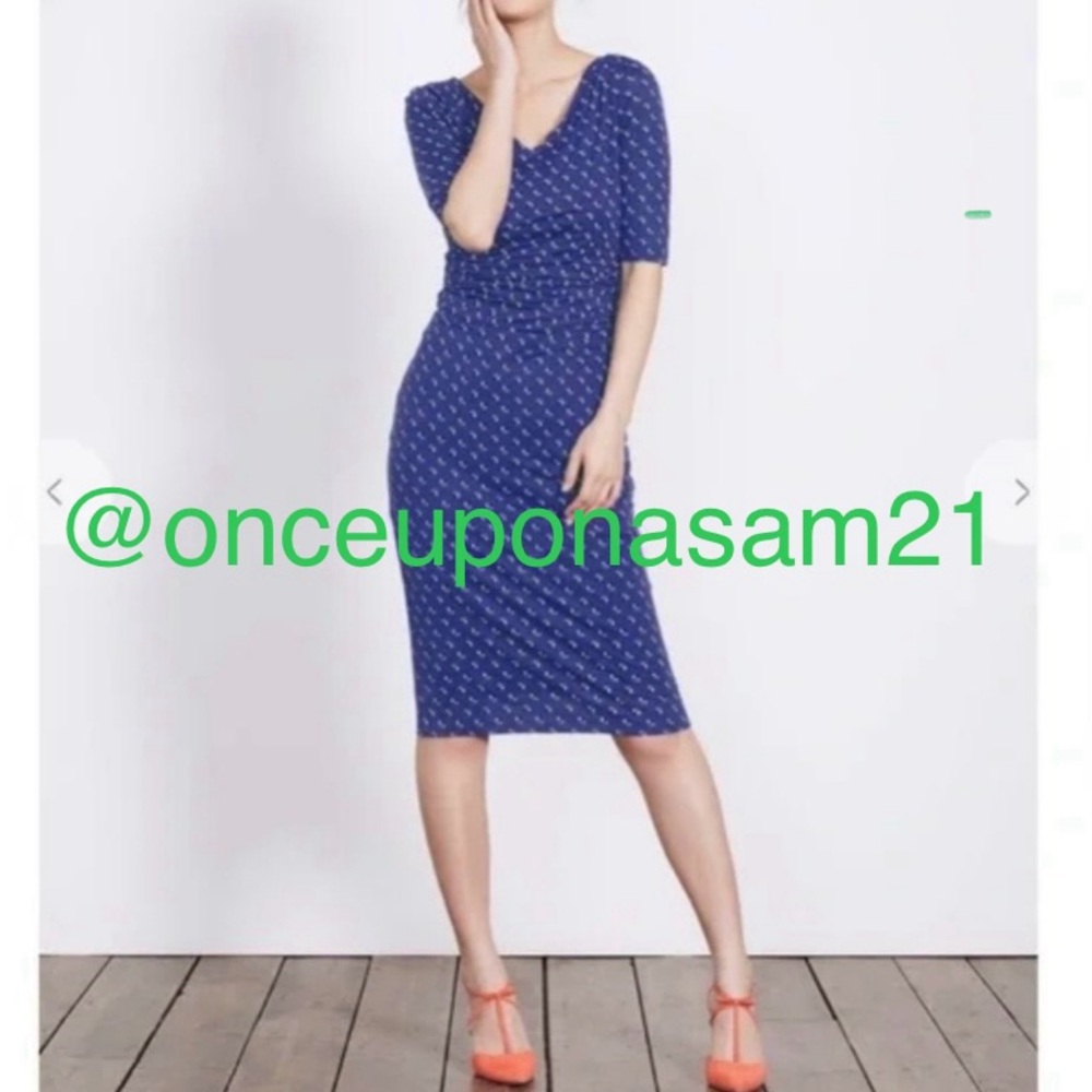 🔥 Boden Ruched Jersey Dress Pencil Dress in Greek Blue Scoop Spot Size 6 Tall
